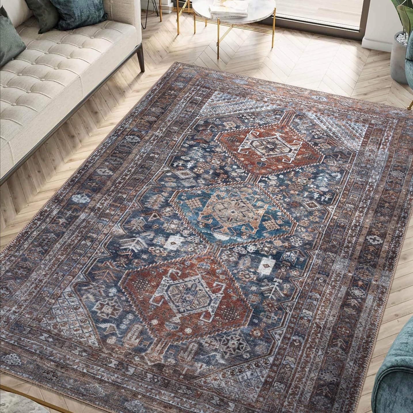 Tapis salon bleu et rouge vintage traditionnel 180x280cm pour grand séjour