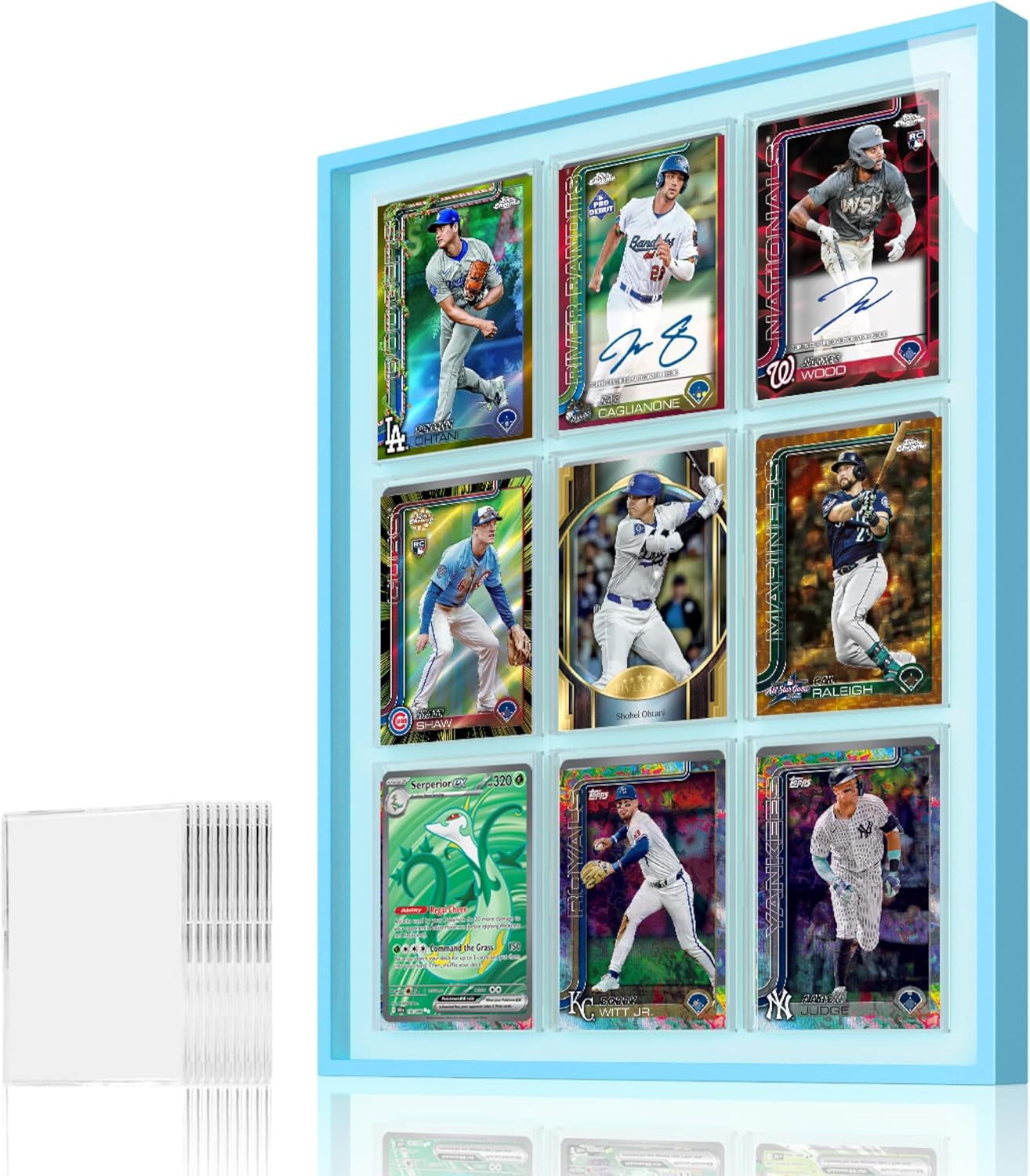 Glacier Blue 9-Card Display Case, Seamless Aluminum Frame with Tempered Glass for Graded Cards, Baseball Football Basketball Sports Card & TCG, Wall Mount Trading Card Frame, Includes 9 Shell Holders