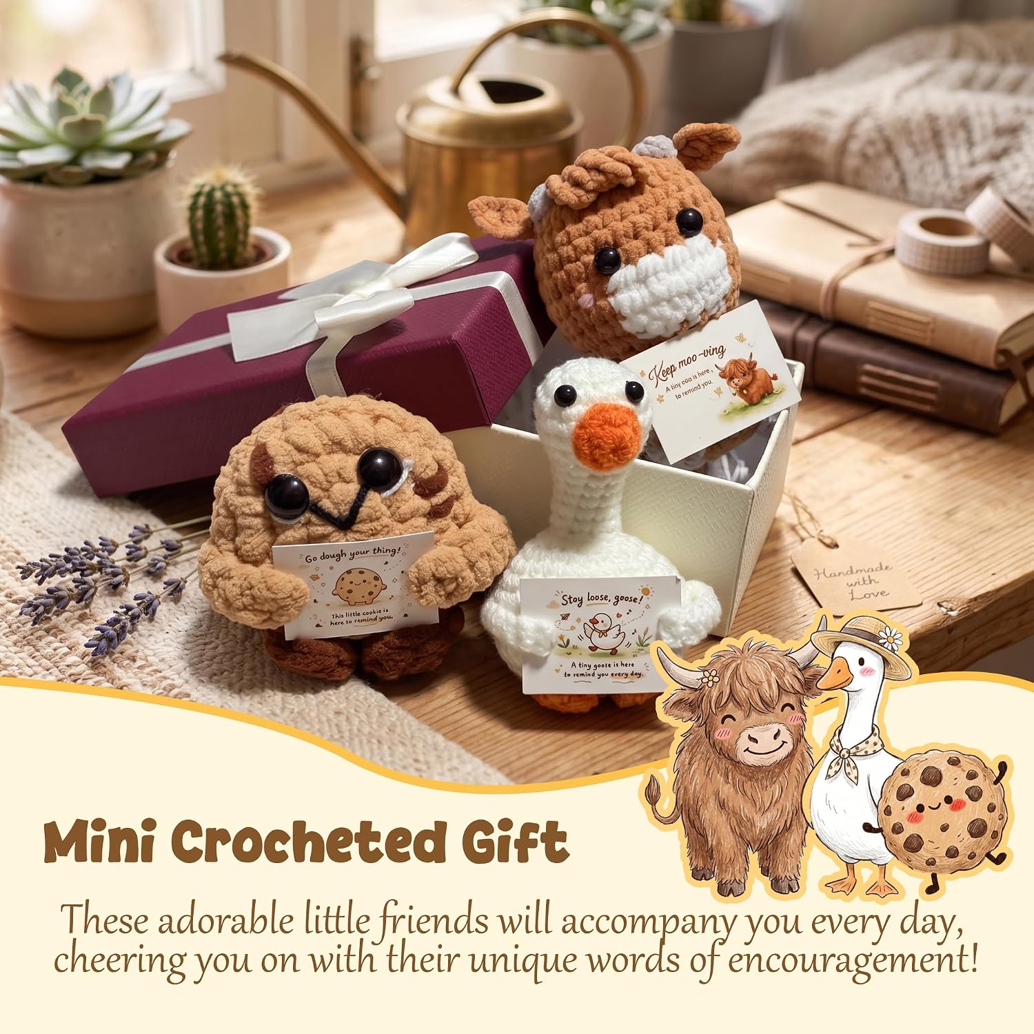 Asix Toy Emotional Positive Cookie Gift with Box,Handmade Crochet Inspirational Keepsake with Motivational Card Cheer UP for Coworker,Friend,Family,Teacher,Birthday Gift(Cookie)