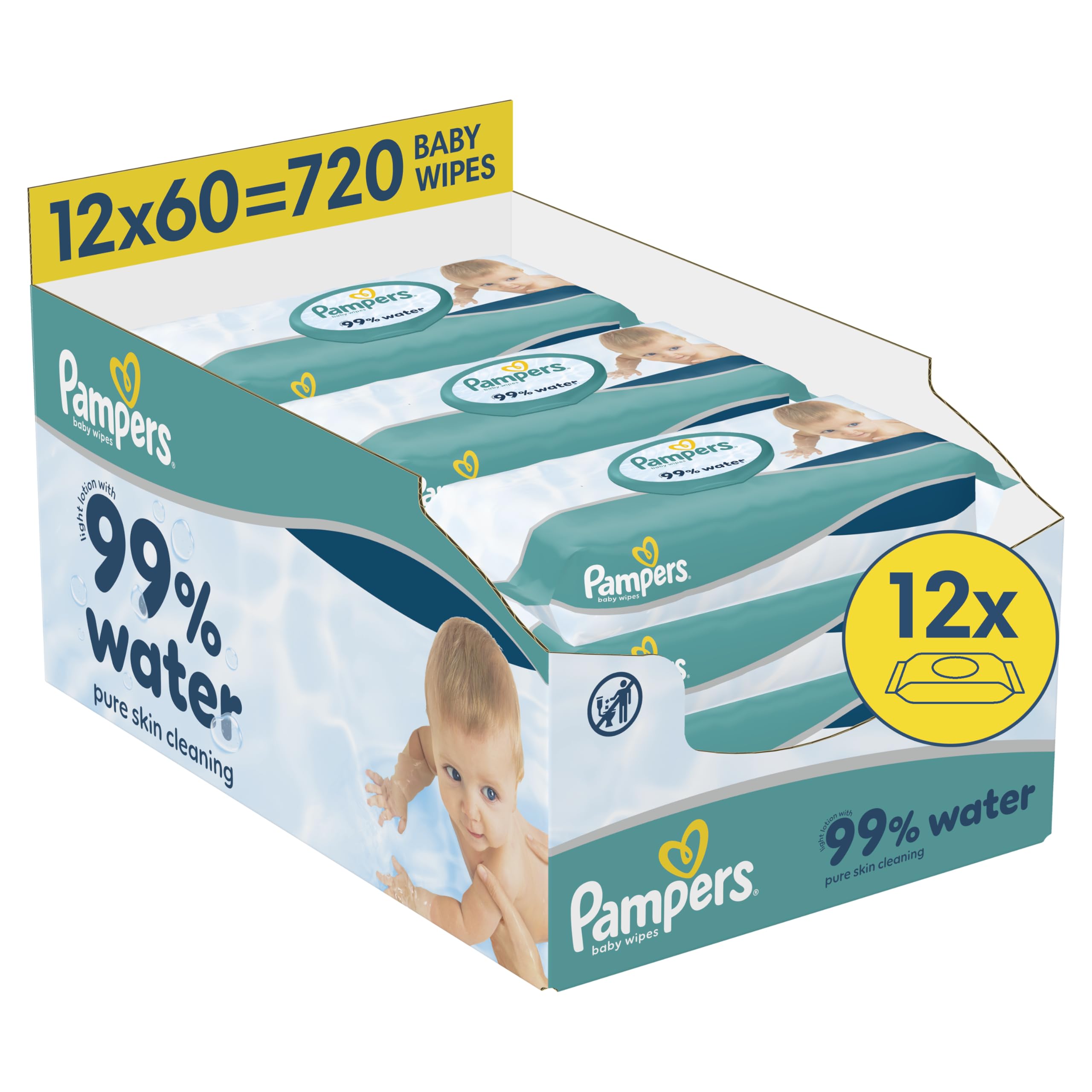 Pampers Toallitas húmedas para bebés 99% Water Baby, 12 paquetes de 60 toallitas húmedas = 720 toallitas húmedas para bebés, loción ligera con 99% de agua