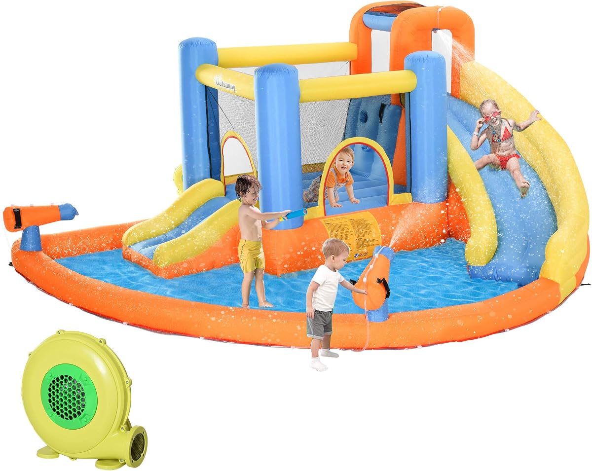 Outsunny Tobogán acuático inflable para niños Casa de rebote con piscina para patio trasero | Muro de escalada, cañón de agua, toboganes dobles, trampolín, castillo hinchable 5 en 1, soplador de aire, diversión interior y exterior