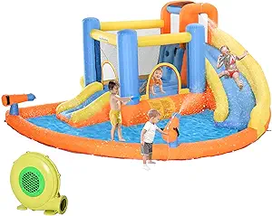 Outsunny Inflatable Water Slide, Kids Bounce House Water Park with Splash Pool, Climbing Wall, Air Pump, Water Cannon, Slide, Trampoline, 5-in-1 Bouncy Castle for Outdoor Backyard Fun with Air Blower
