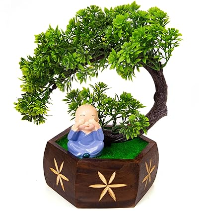 Kawai Homes Artificial Bonsai Tree Plant with Cute polyresin Buddha Monk for Home Office Table d cor