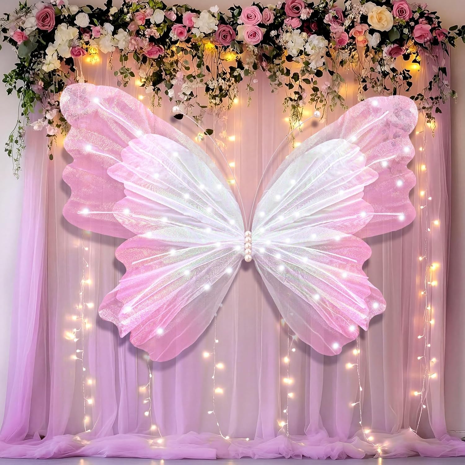 47 Inch Giant Butterfly Party Decoration Mariposas Grandes para Backdrop Decor Large 3D Silk Light up LED Butterfly Backdrop for Spring Wedding Baby Shower Birthday Party Outdoor Photo Prop(Pink)
