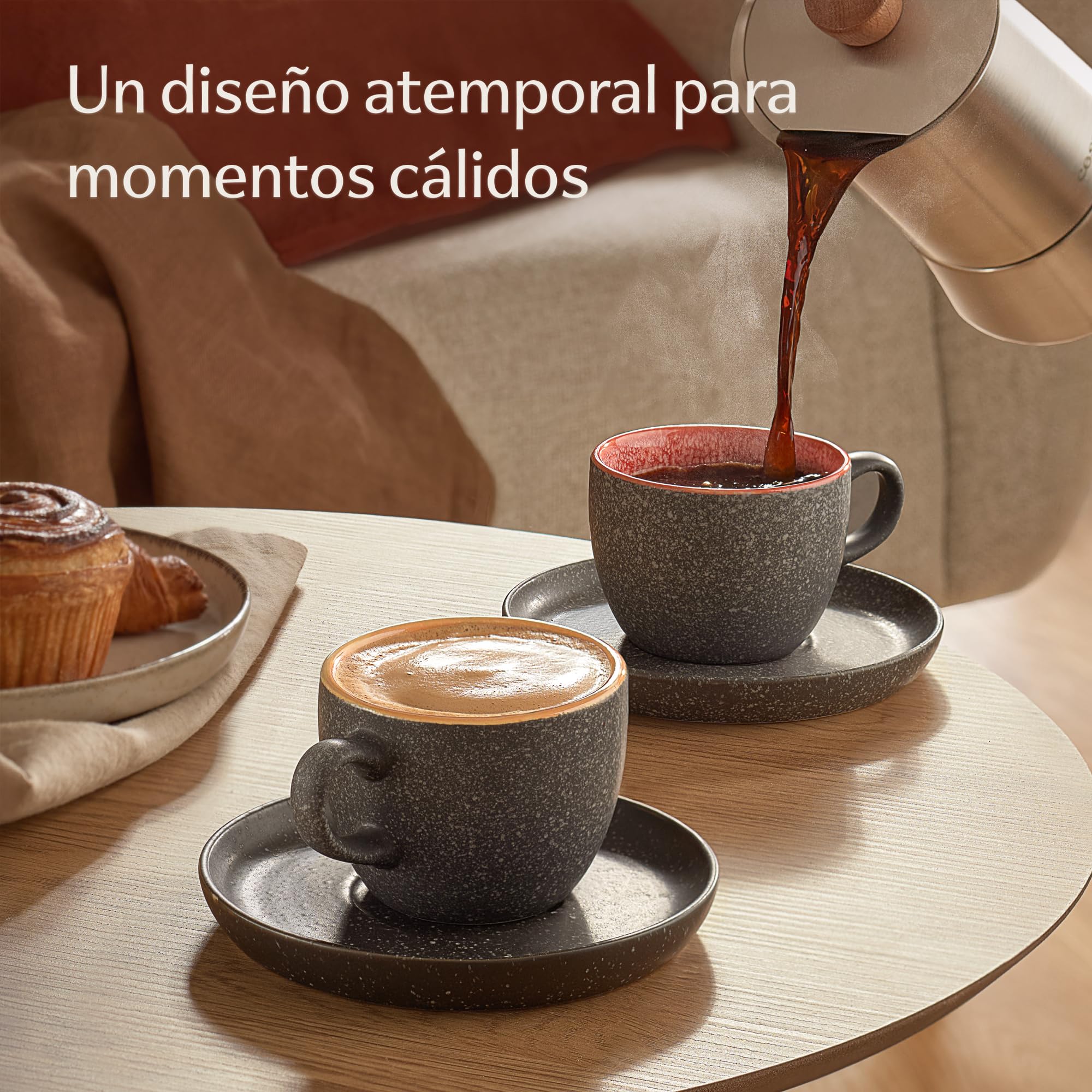 Cosumy Set de 4 Tazas de Capuchino - 200ml en Cerámica con Platillos – Juego de Café Moderno - Gres Grueso con Esmalte Reactivo Hecho a Mano - Mantiene el Calor por Más Tiempo (De color) | Hecho a mano con esmalte reactivo, paredes gruesas, mantiene el ca