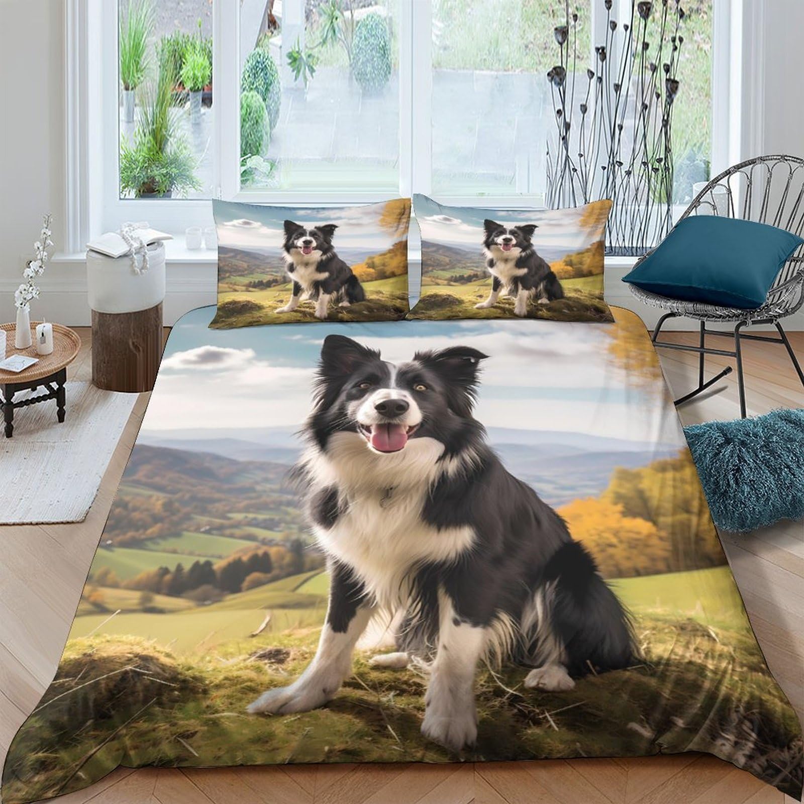 Ctjqhvkz Style-8 3D Printed Landscape Border Collie Fitted Sheet Microfiber Soft Breathable Nature Dog Mattress Cover For Bedroom Dorm Decor Single（135X200cm）