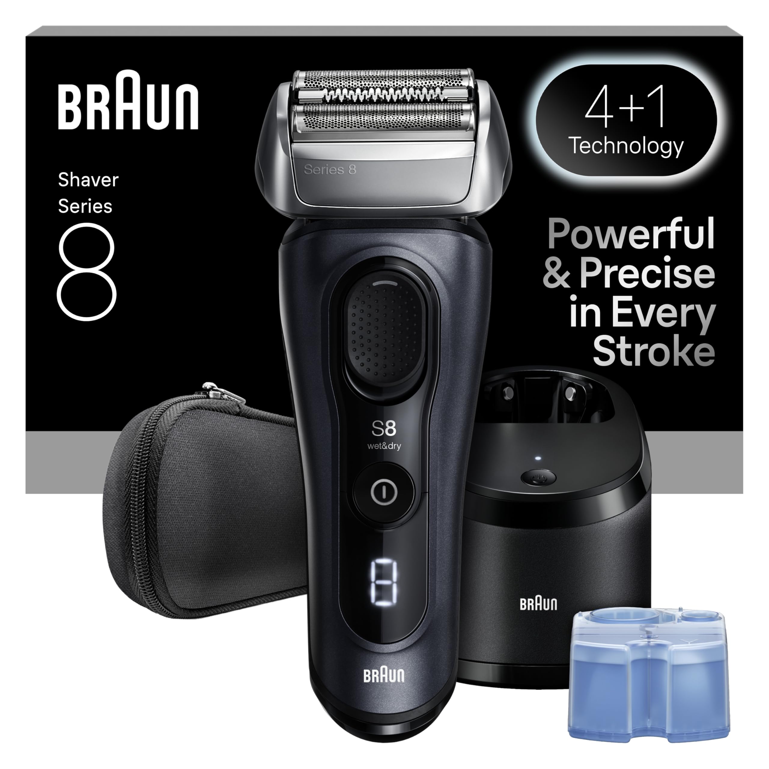Braun Afeitadora Eléctrica Hombre Series 8, Máquina De Afeitar Barba En Seco Y En Mojado Con Cabezal De Precisión y Recortadora, 60 Min De Uso, Centro De Limpieza, Estuche De Viaje, 8663CC, Gris