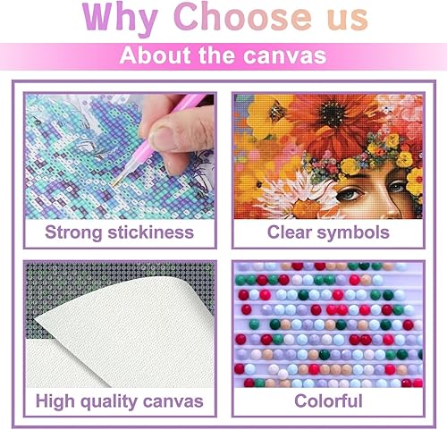 Miniatura 9 de CoHraeu Kits de pintura artística de diamantes de flores para adultos, pinturas de puntos de diamante de perforación completa para principiantes,