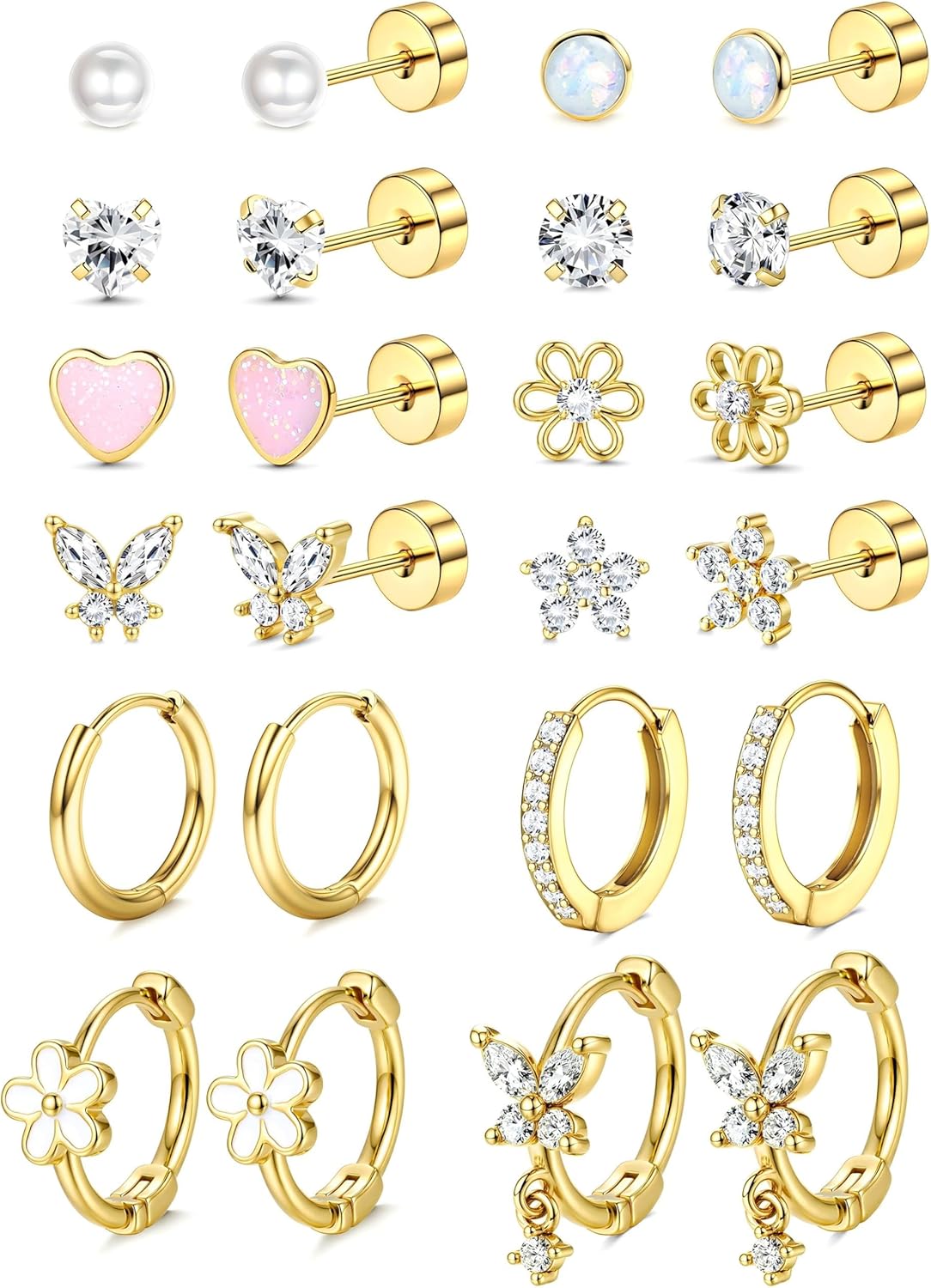 LOLIAS Hypoallergenic Flat Back Earrings for Women Girls-Cute Toddler Kids Teen Girls Earring Set-Surgical Steel Earrings for Sensitive Ears-14K Gold Plated Stainless Steel Flatback Studs Screw Back Small Hoop Cartilage Earring Stacks