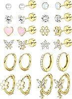 LOLIAS 12-Pair Hypoallergenic Flat Back Earrings Set for Girls Women - Surgical Steel 14K Gold Plated Studs Hoops for Sensitive Ears