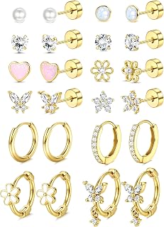 LOLIAS 12-Pair Hypoallergenic Flat Back Earrings Set for Girls Women - Surgical Steel 14K Gold Plated Studs Hoops for Sensitive Ears
