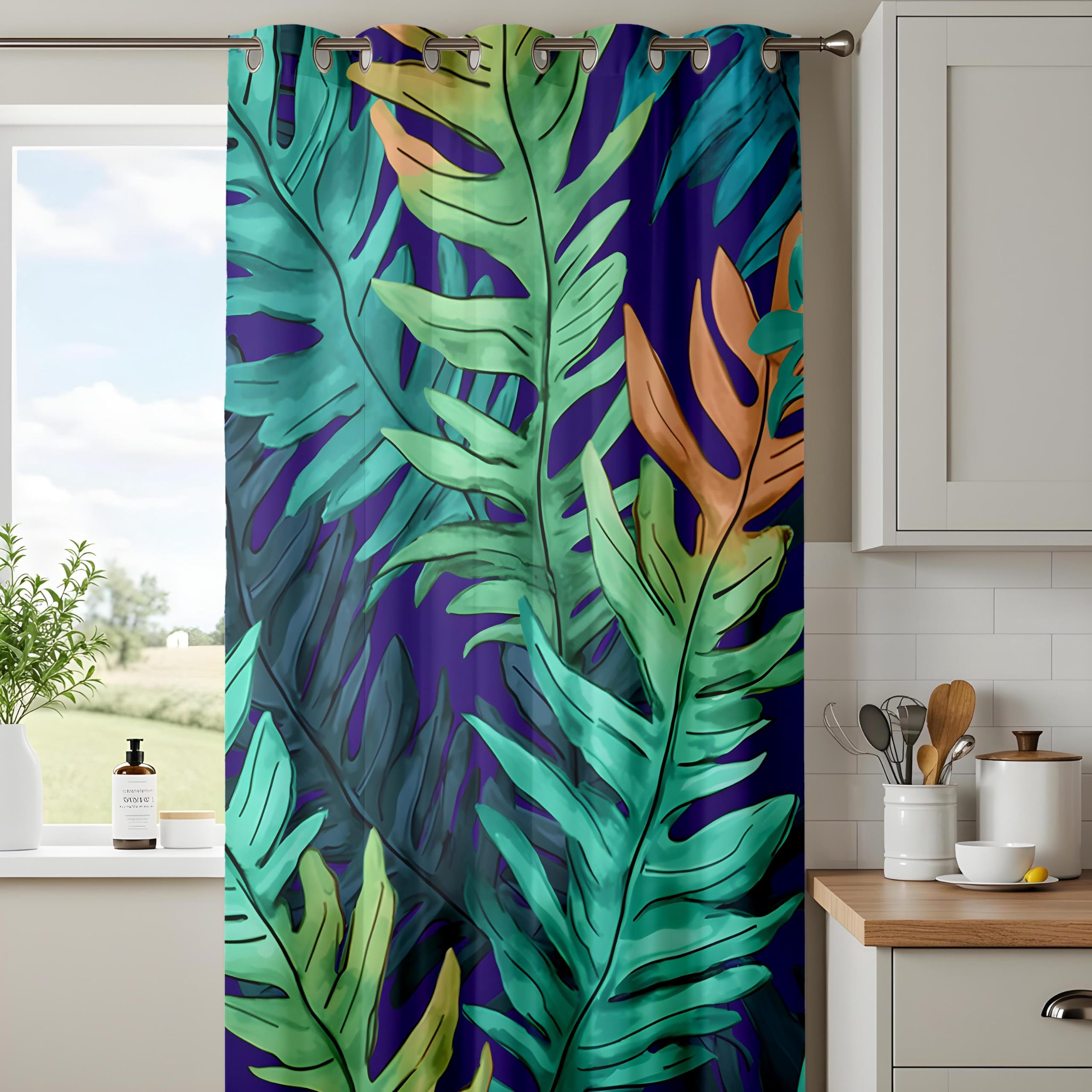 Rideaux occultants pour Chambre, Rideaux à Motif de Feuilles Tropicales – Rideaux à Feuillage Exotique Vert et Bleu éclatant pour Salon (L x H / 2 x 180 x 265 cm)