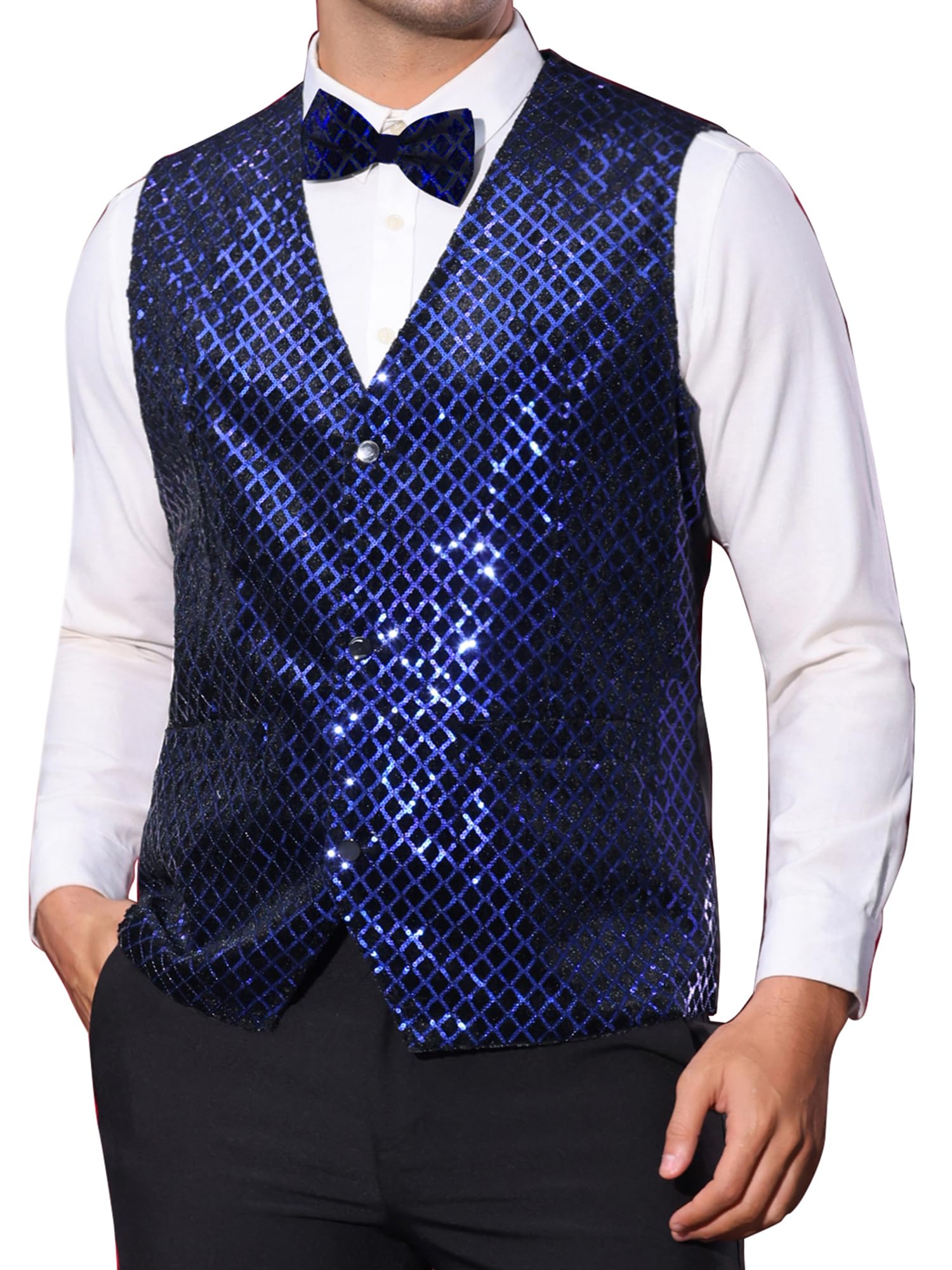 Lars Amadeus Argyle Sequin Vest for Men's V-Neck Party Nightclub Shiny Sleeveless Suit Metallic Waistcoat