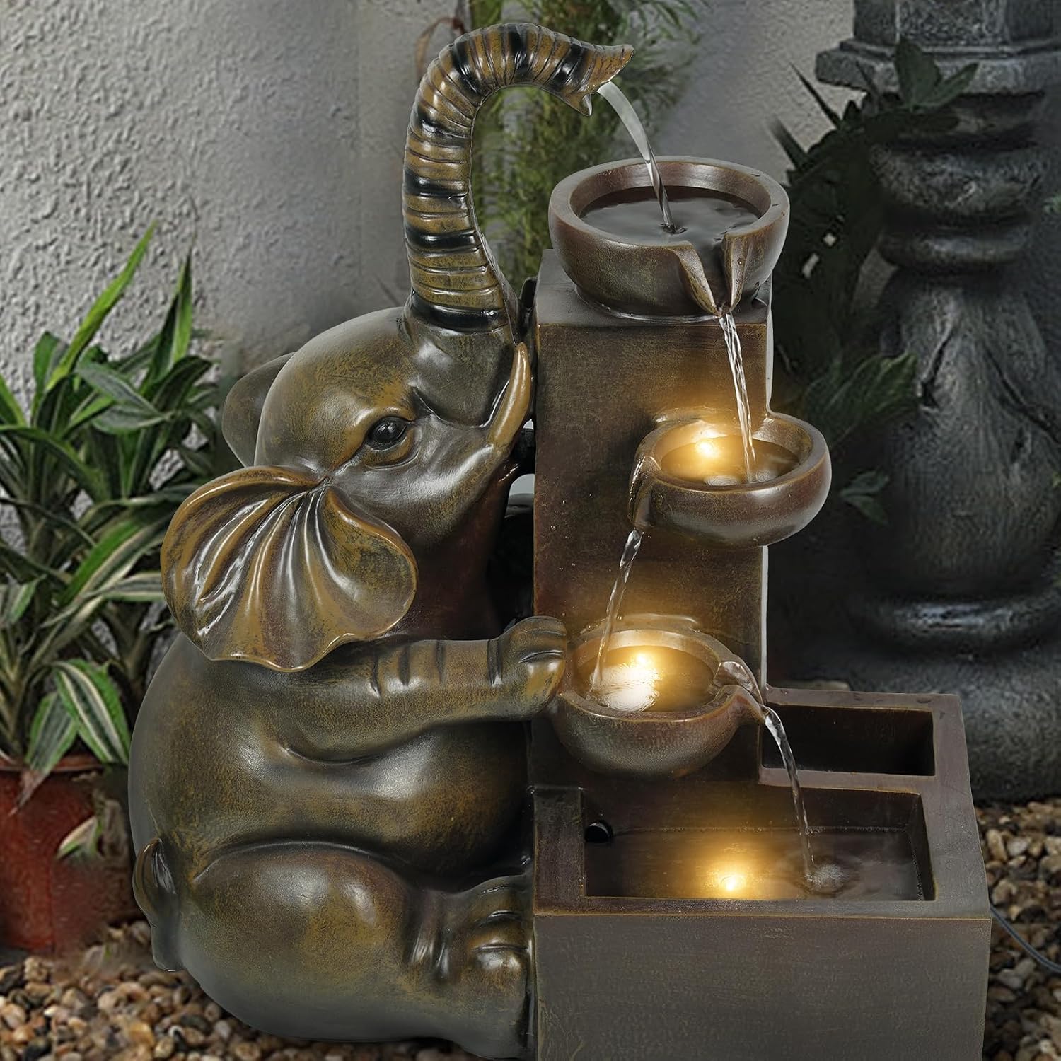 Ferrisland 20" Solar-Powered Elephant Water Fountain - 4-Tier Resin Outdoor Garden Fountain with Solar Panel & Pump for Patio, Porch, Balcony, Yard Decor (Bronze)