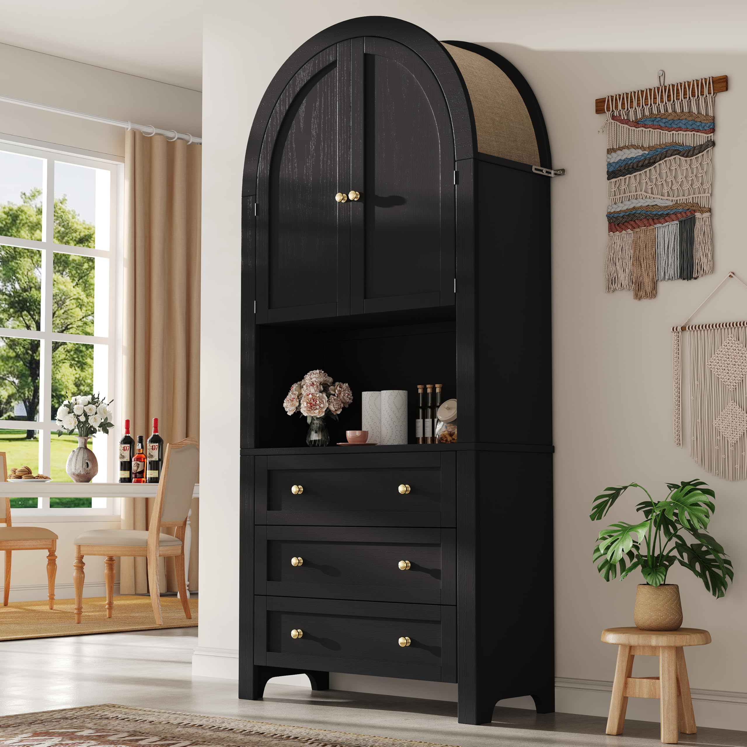Merax Armario alto de 180 cm, armario multiusos con 2 puertas, 3 cajones, armario de almacenamiento abierto, armario de vitrina para salón, oficina, cocina, armario de cocina de arco alto, color negro