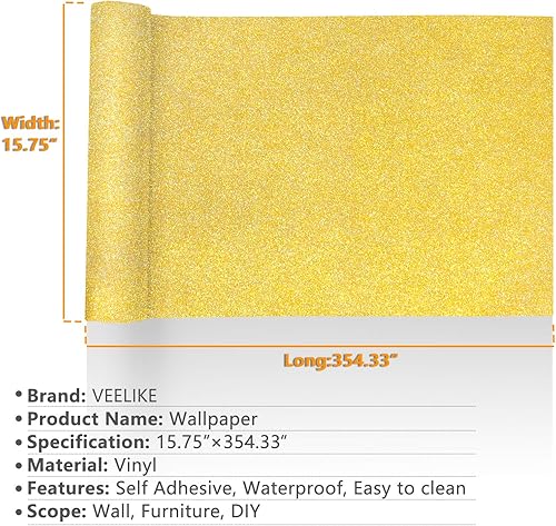 Miniatura 2 de VEELIKE Papel de contacto autoadhesivo de vinilo dorado con purpurina, papel tapiz brillante para pegar y despegar, cubierta de papel de pared