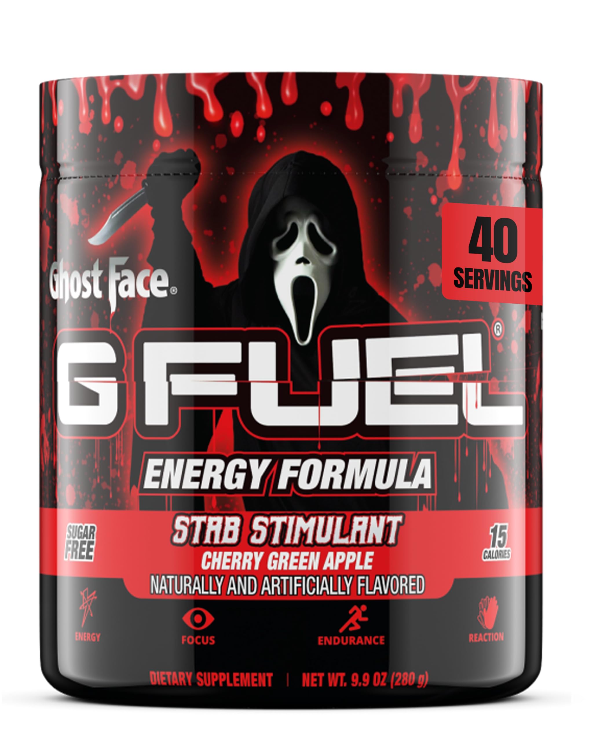 G Fuel Ghost Face Energy Drink Powder, Pre Workout Caffeine Mix for Gaming, Sugar Free Focus Amino, Vitamin + Antioxidants, 9.9oz (Cherry Green Apple, 40 Servings)