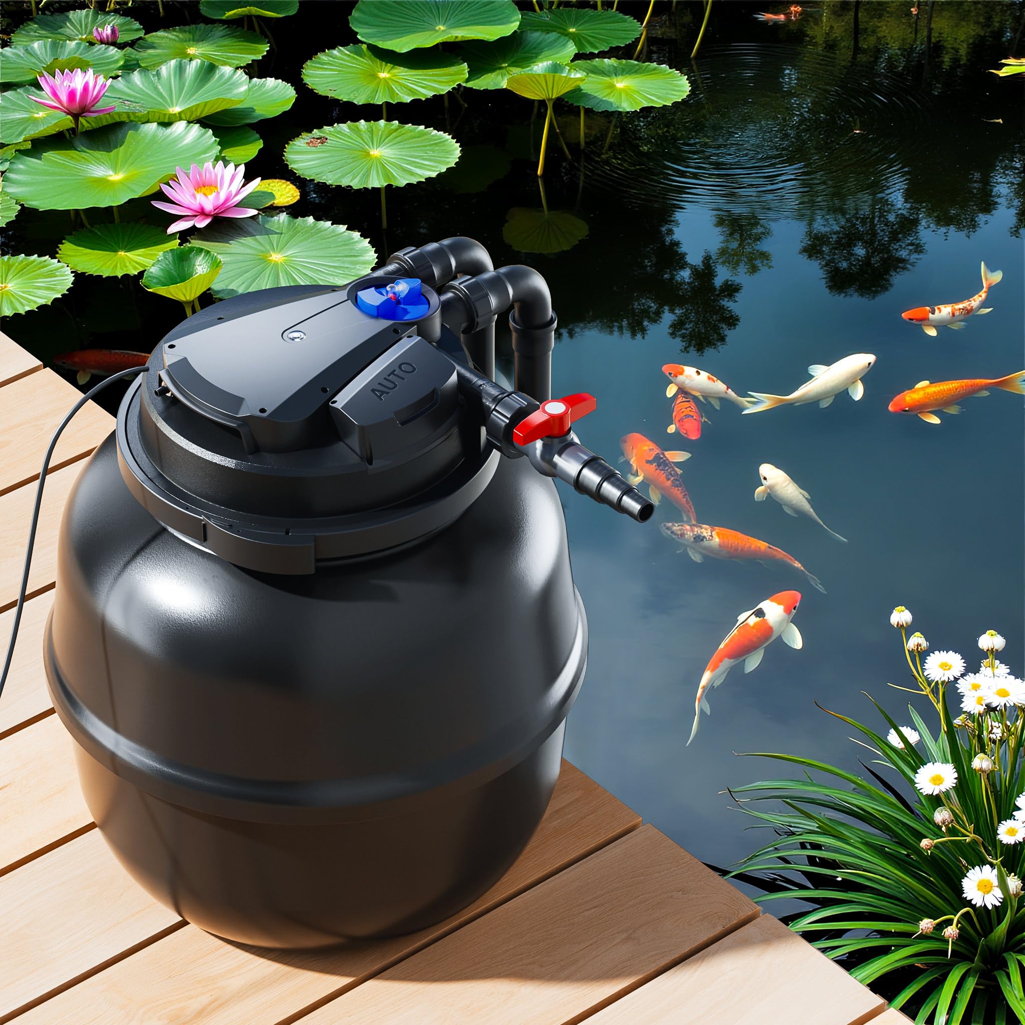 SunSun Komplettset: CPA-50000 Teichdruckfilter bis 100000 L mit 55 Watt UV-C Teichklärer, NEO10000 SuperECO Teichpumpe 10000l/h 80W, 10m Teichschlauch 38 mm (1 1/2"), Schlauchschellen W1 44-47mm