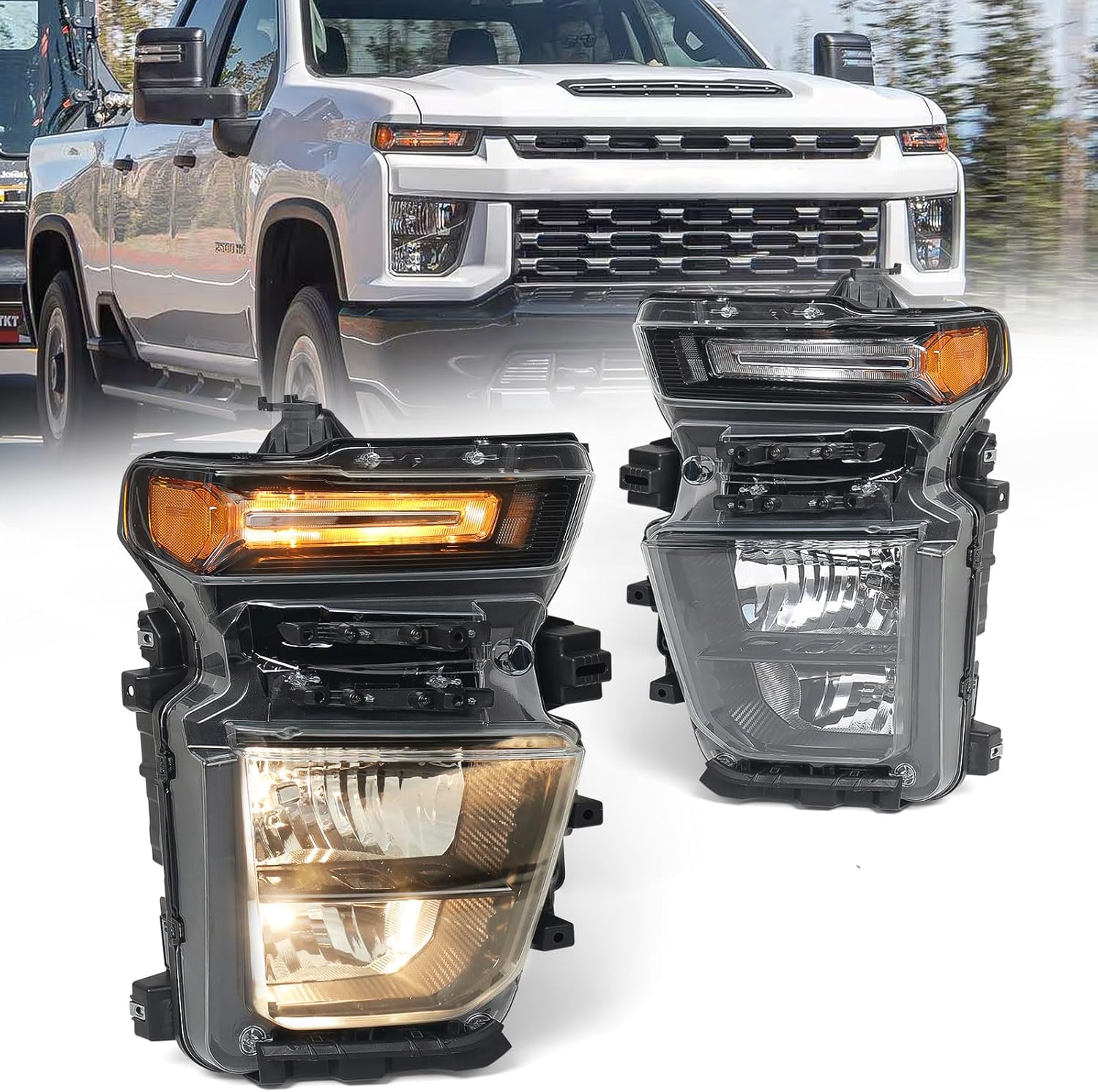 Halogen Headlight Assembly Pair Compatible with Chevy Silverado 2500HD 3500HD 2020 2021 2022 2023 Factory Replacement Head Light Lamp Driver & Passenger Side Left & Right Side(Pair)
