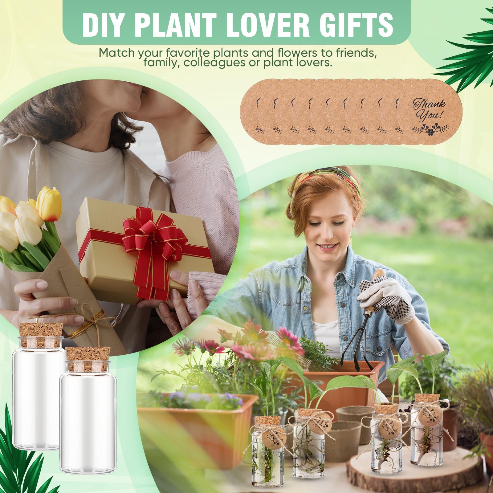 Baderke Kunststoff-Pflanzen-Anzuchtstationen mit Lochdeckel, 118 ml, transparente Anzuchtgläser mit Dankeschön-Etiketten, für Pflanzenliebhaber, Geschenke für Frauen, Büro, Zuhause, Garten, 48 Stück