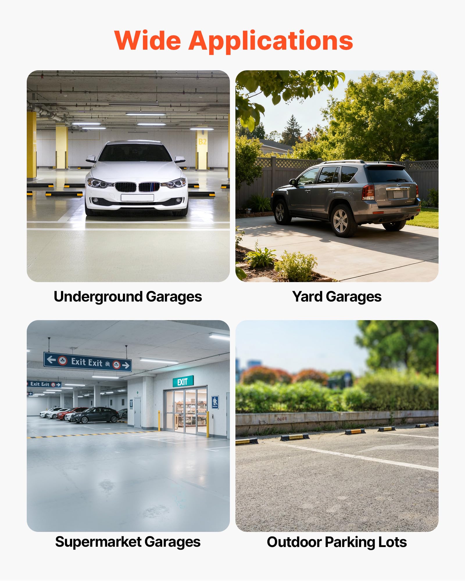 VEVOR Topes de Estacionamiento, 2 uds, Ayuda para Aparcar en Garajes, Limitador de Plaza de Aparcamiento con Bandas Reflectantes, PP, para Coches, Furgonetas y Camiones, 406 x 95 x 45 mm, Negro