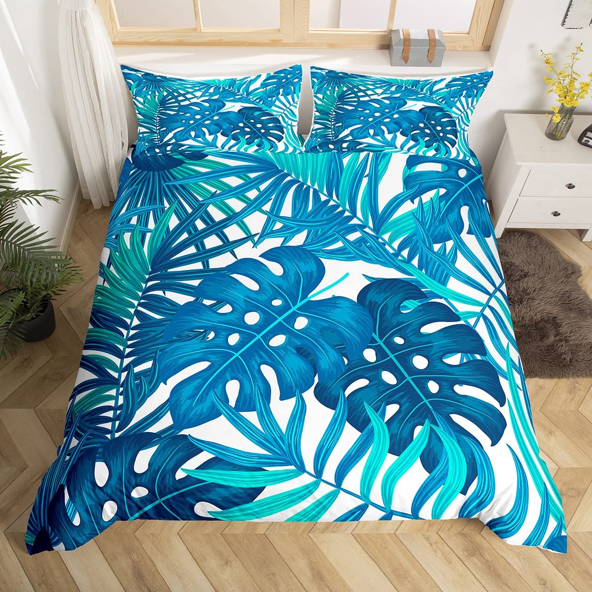 richhome Palm Leaves Kids Duvet Cover Set King Size,Tropical Plants Botanical Summer Bedding Set,Teens Adults Room Decor,Hawaii Holiday Romantic Comforter Cover,Green Bright Quilt Cover,2 Pillowcases — image 1