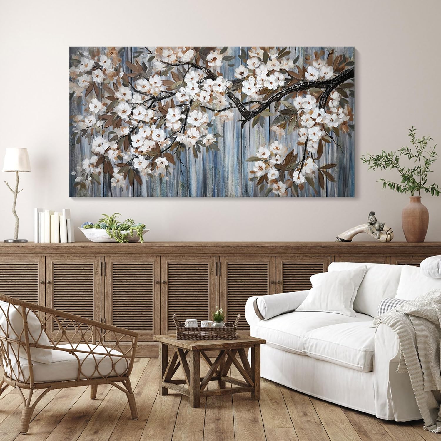 Large Canvas Wall Art for Living Room Wall Decor Abstract White Flower Tree with Gray Driftwood Picture Modern Framed Canvas Prints Artwork Ready to Hang for Bedroom Home Wall Decoration size 29x58