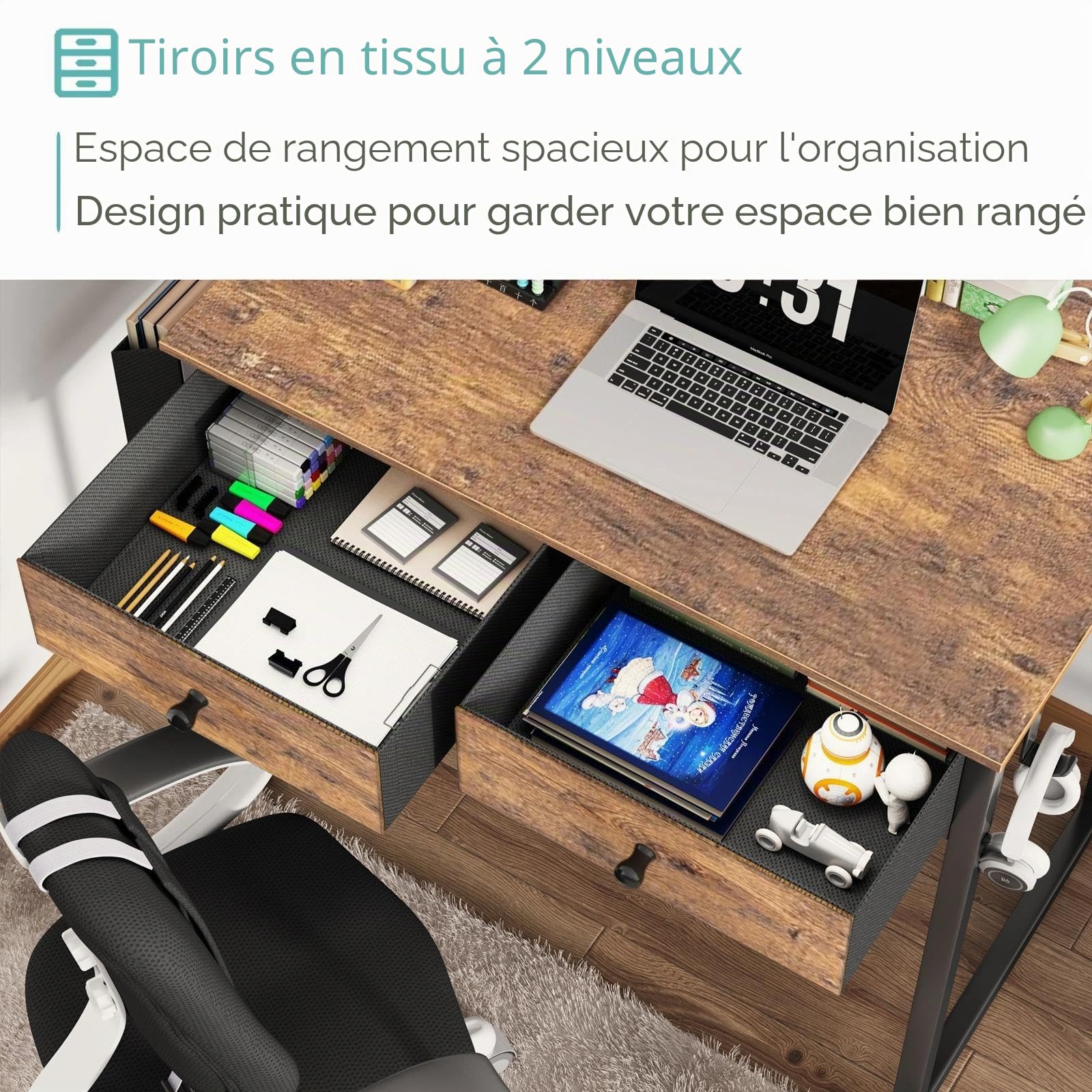 Bureau d'ordinateur avec 2 tiroirs 80cm Lufeiya Petit PC Bureau Informatique Rangement
