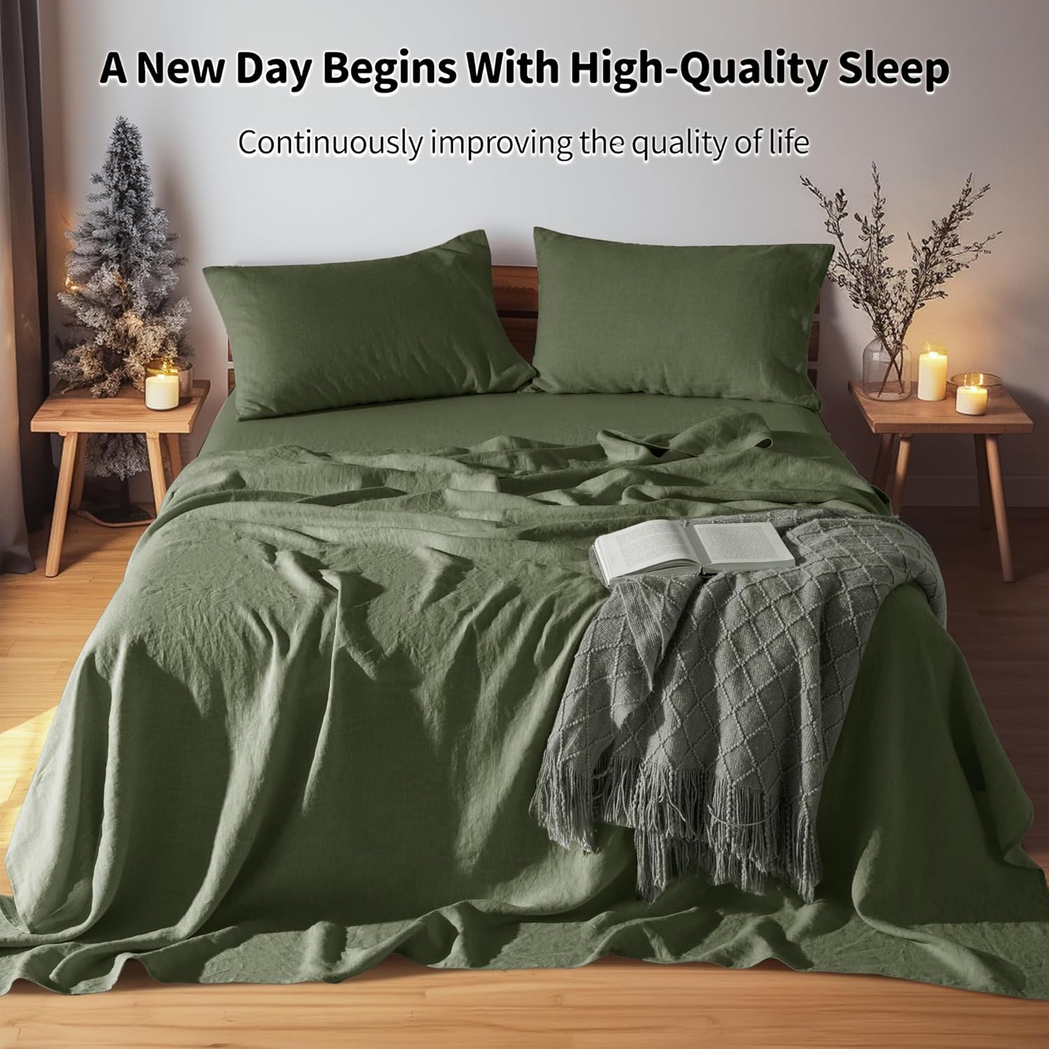 LBRO2M 100% Linen Sheet Set 16" Deep Pocket Queen Size,Bed Sheets 4 Piece Sets,Solid Color Natural Flax Bed Sheets Soft Breathable Bedding, All Season (Queen, Olive Green) - Image 5
