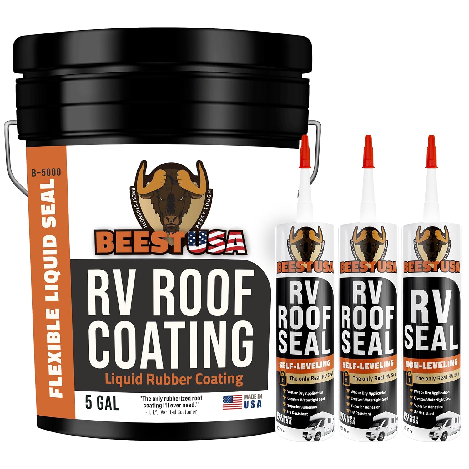 BEEST RV Roof Maintenance Bundle – 5-Gallon White Coating, Self-Leveling & Non-Leveling Sealants | Leak Repair & Waterproofing Kit for Campers, Trailers & Mobile Homes