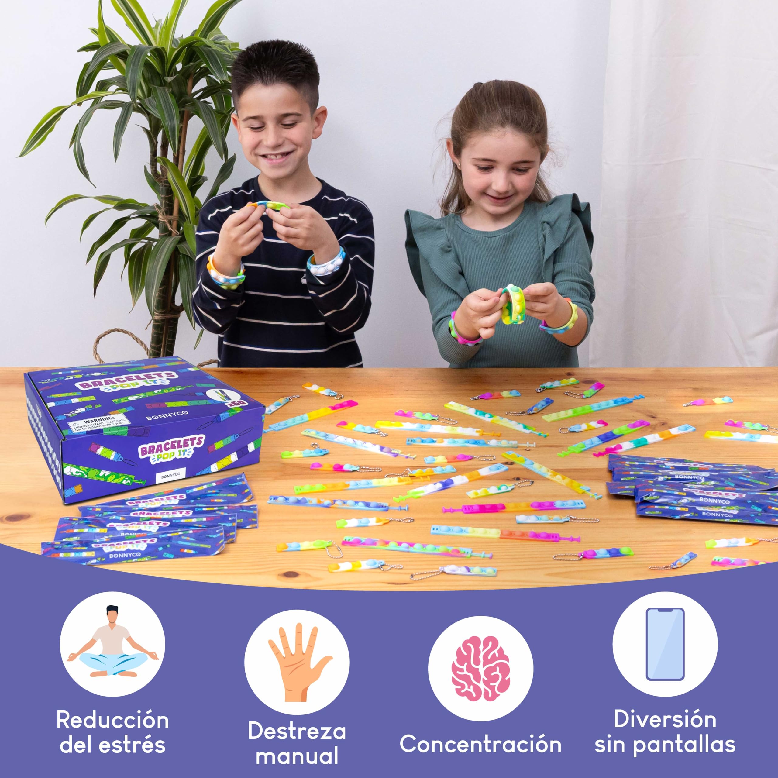 BONNYCO Pulseras y Llaveros Pop It Pack 60 Regalos Cumpleaños Niños Colegio. Detalles Cumpleaños Niños, Relleno Piñata Infantil. Fidget Toy para Regalitos Invitados, Regalos Alumnos Primaria