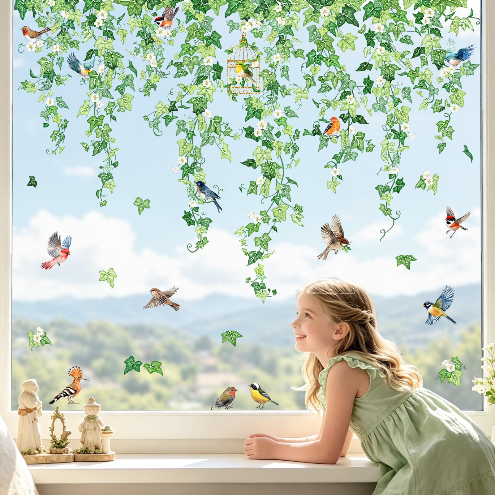 Tanlaby 9 Sheets Hanging Greenery Vine Window Stickers Spring Summer Green Ivy Leaves Flowers Window Clings Floral Leaf Plant Birds Decals for Wedding Party Home Glass Doors Mirror Decor