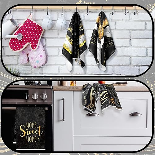 Miniatura 4 de Geyoga Juego de 4 toallas de cocina con diseño de mármol negro y dorado, toallas de cocina rústicas absorbentes para baño, accesorios de cocina,
