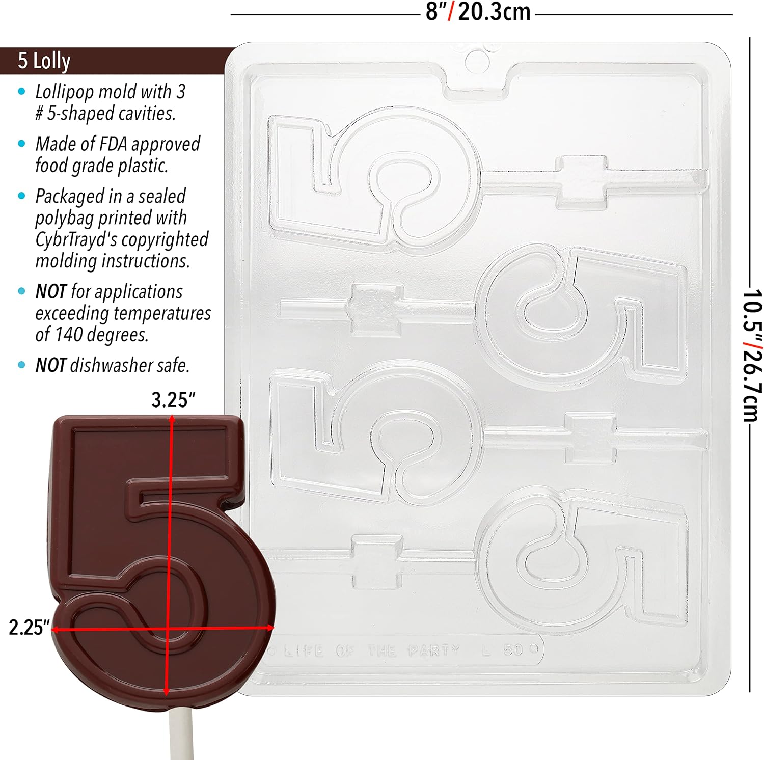 CybrTrayd Chocolate Candy Mold – Number Five Pop – 4 Cavities 3-1/4” x 2-1/8” x 3/8" – For Candy, Cookies, Chocolate, Soap & Plaster – Includes Instructions