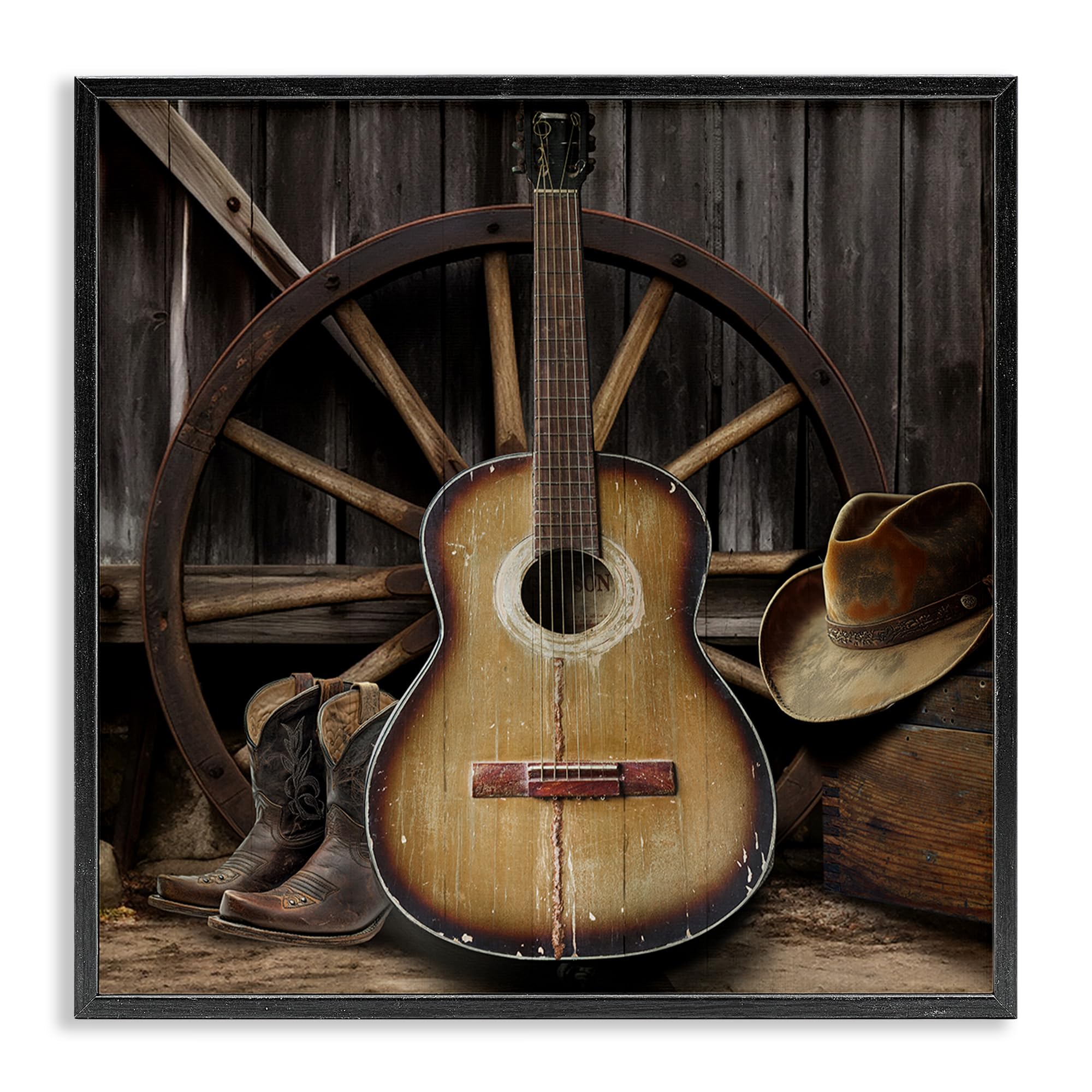Stupell Industries Midnight Black (Textured) Rustic Western Guitar Hat, 17 X 17 Inch Framed Giclée Print