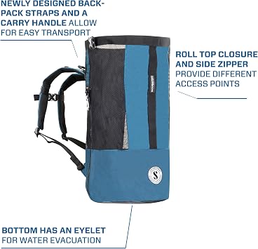 SCUBAPRO Sport 65 Mesh Dive Bag with Roll Top Closure and Side Zipper for Snorkeling and Scuba Diving Gear, Denim Blue Color Fabric