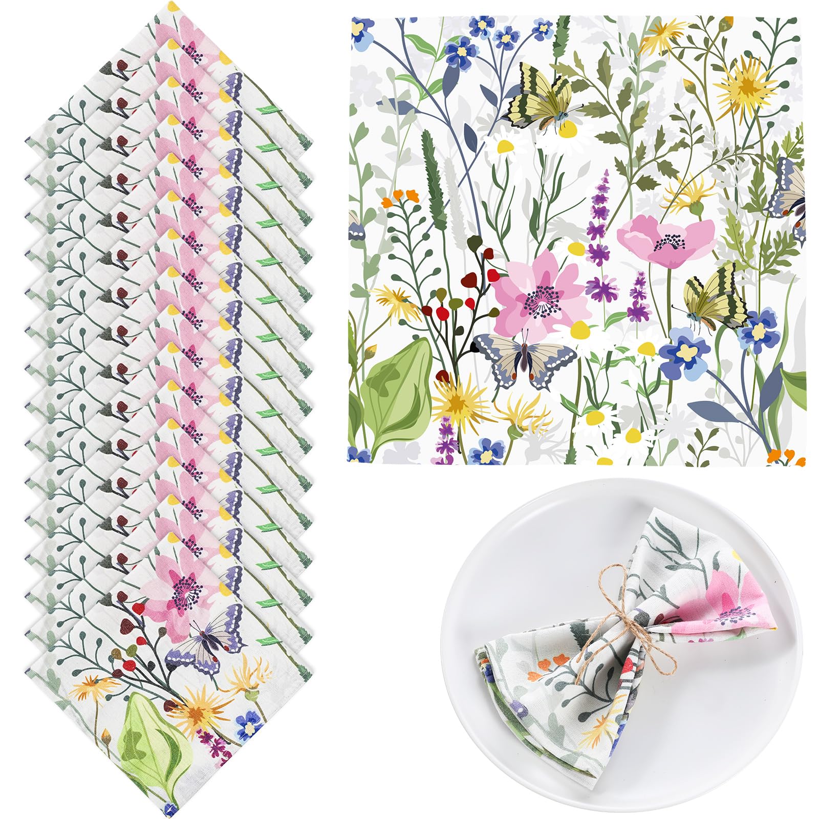 Maxcheck 24 Pcs Floral Cotton Cloth Napkins Washable Dinner Napkins 16 x 16 Inch Disposable Cocktail Napkins Decoration for Spring Family Dining Wedding Holiday Parties (Retro Flower)
