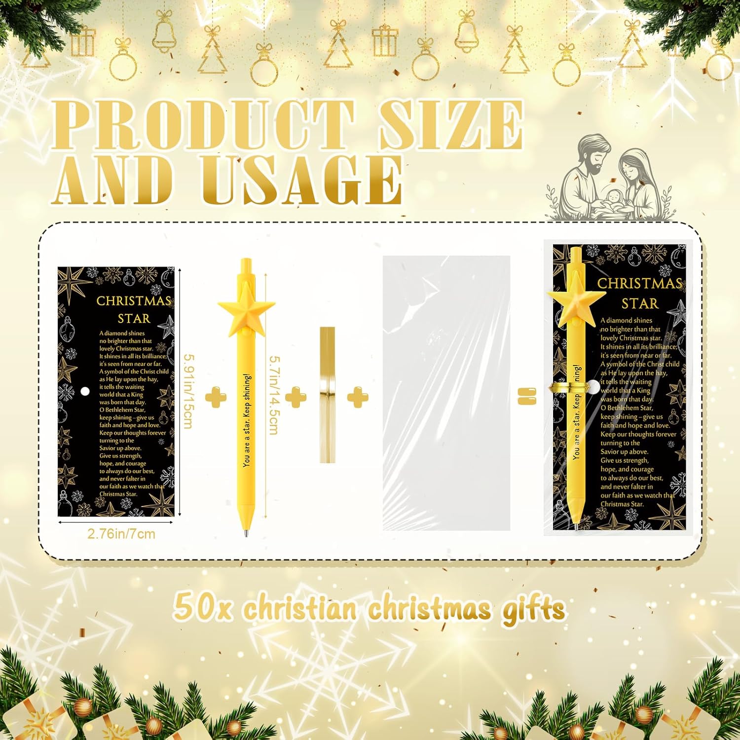 Sayglossy 50 Sets Christmas Christian Gifts Bulk You Are a Star Ballpoint Pen Inspirational Christmas Star Ballpoint Pens with Religious Cards Church Gifts for Office Coworker Staff Employee
