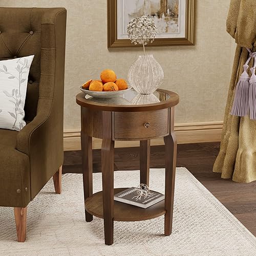 Miniatura 23 de COSIEST Mesa auxiliar redonda, mesa auxiliar de cristal con marco de madera, mesita de noche dorada champán con estilo moderno para sala de estar,