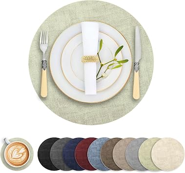 Round Faux Leather Placemats and Coasters, Set of 8, Reversible Heat Resistant Non-Slip Table Mats, Waterproof Wipeable Place Mats for Dining Table, Washable for Indoor & Outdoor 8, Light Green