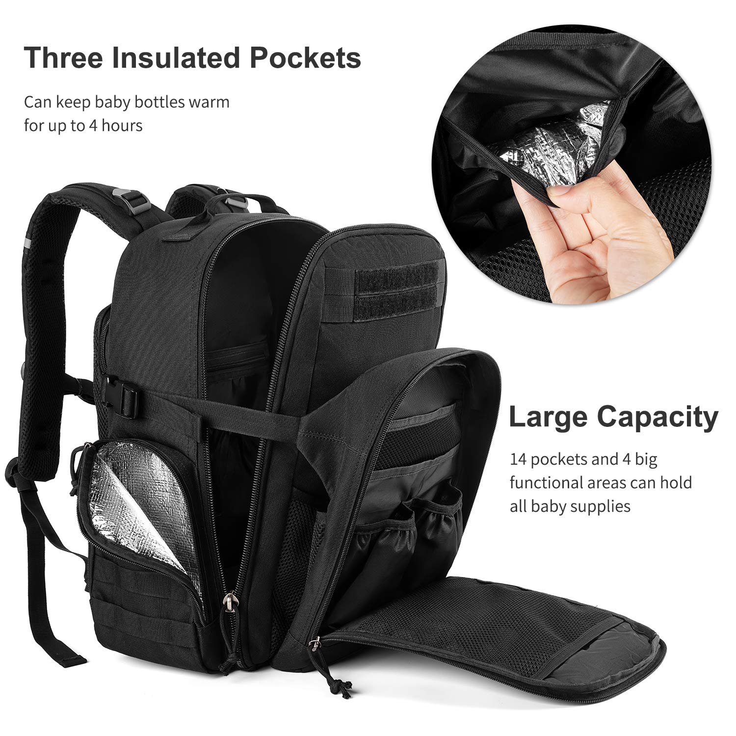 espidoo Diaper Bag Backpack for Dad, Military Tactical Backpack with Molle System, Large Travel Bag Backpack for Men, Black