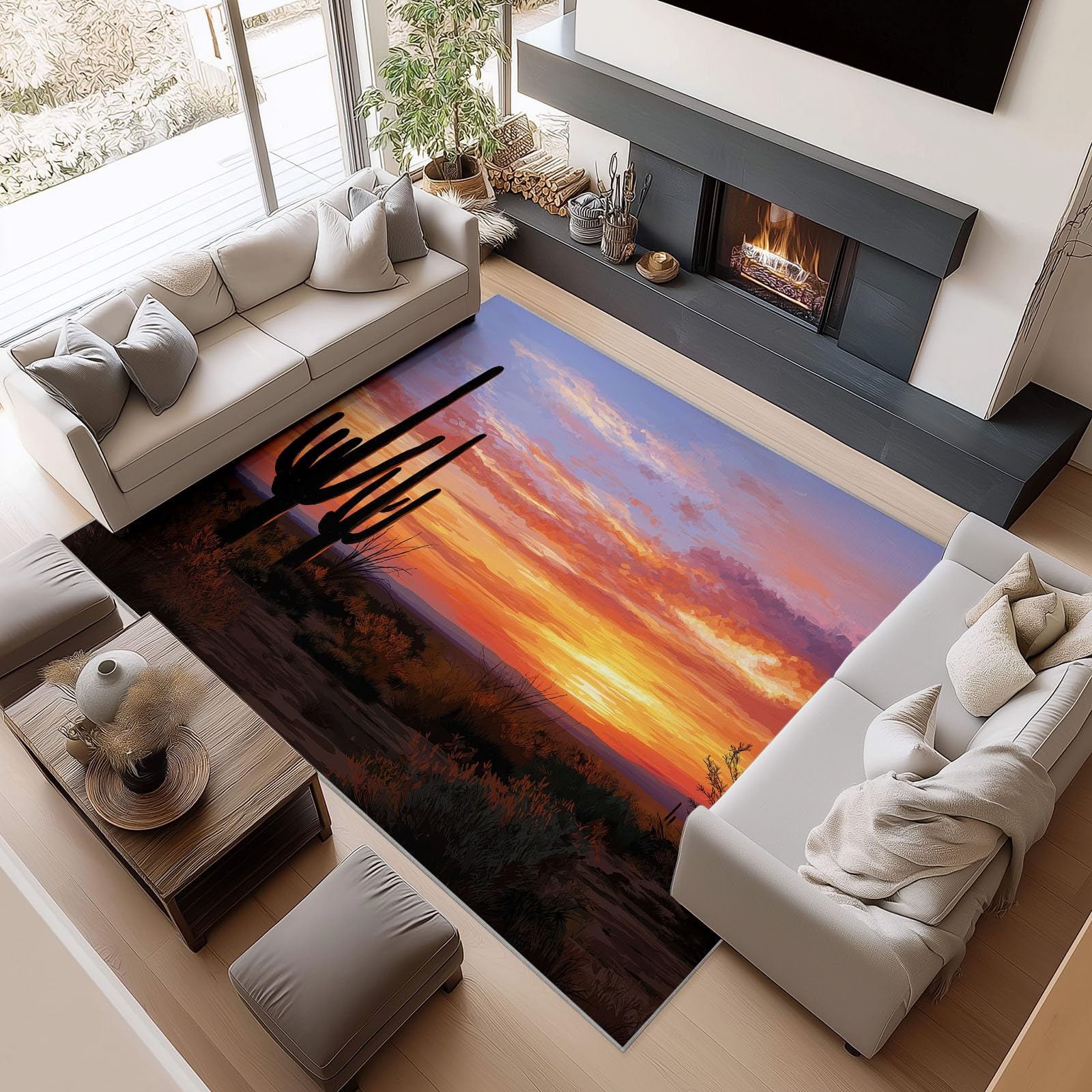 Teppich Wohnzimmer Sonnenuntergangs Wüstenkaktus 120x180cm Großer Flauschiger Kurzflor Teppich, Waschbarer Moderner rutschfest Teppiche für Esszimmer Küchen Schlafzimmer