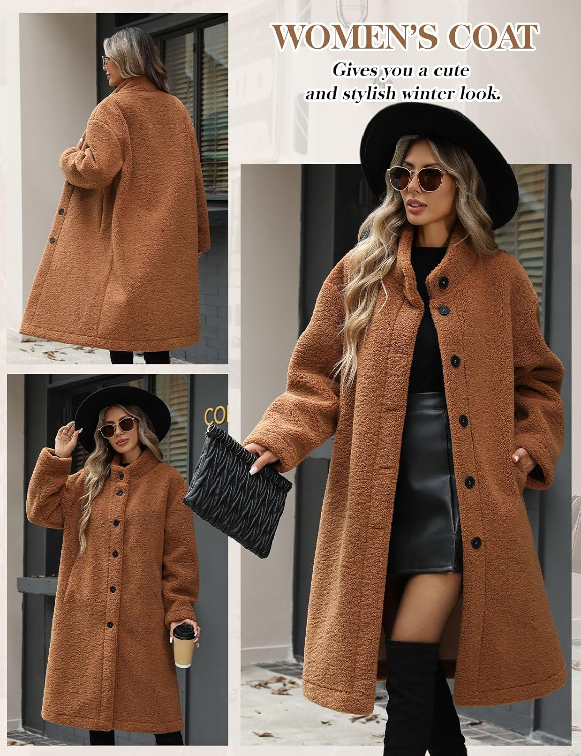 Long Fleece Coats for Women, Warm Faux Fur Jackets Button Down Winter Coats Textured Fleece Jackets with Pockets - Image 2