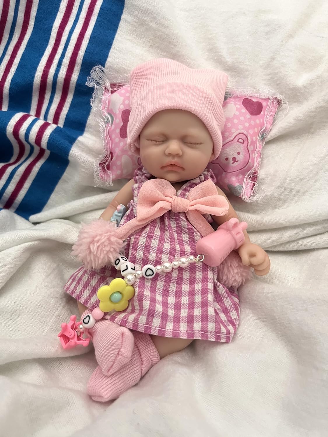 Newtotlove 7 Inch Mini Silicone Baby Girl with Eyelashes,Cute Realistic Soft Newborn Dolls Full Body Silicone Mini Baby Doll with Feeding Accessories