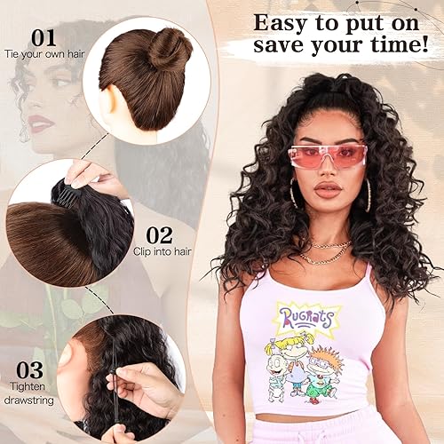 Miniatura 6 de FREEMEIGE Curly Ponytail Extension Drawstring Ponytail 20 Inch Long Wavy Curly Clip in Ponytails Fake Pony Tails Hair Extensions Synthetic Curly