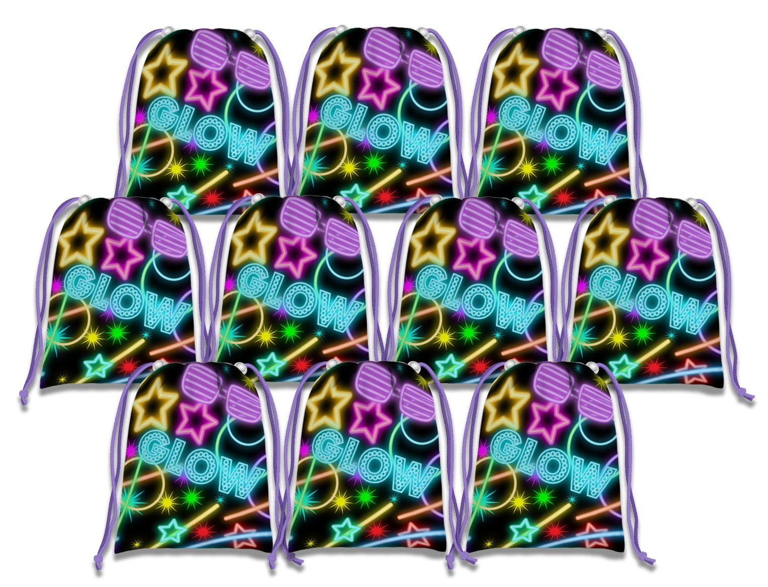 Birthday Galore Glow Light Neon 8.5 x 11 Inch Drawstring Goodie Bags For Party Favors - 10 Pack of Candy Treat Bags - Boys and Girls Kids Birthday Party Decorations