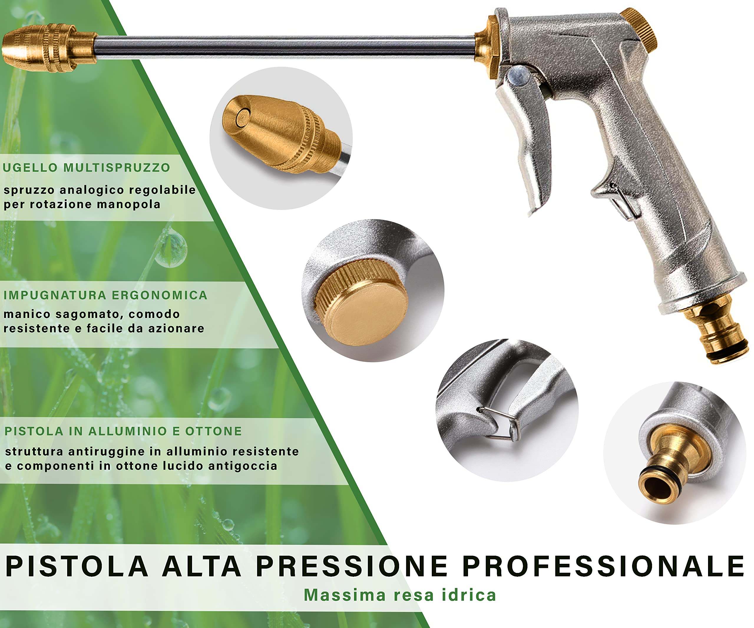 Tubo Acqua Giardino Estensibile 30m - Pistola Multigetto in Metallo, Raccordi in Ottone, Adattatori 1/2” e 3/4” Inclusi - Canna Irrigazione per Giardino, Lavaggio Auto, Orto, Terrazzo, Prato