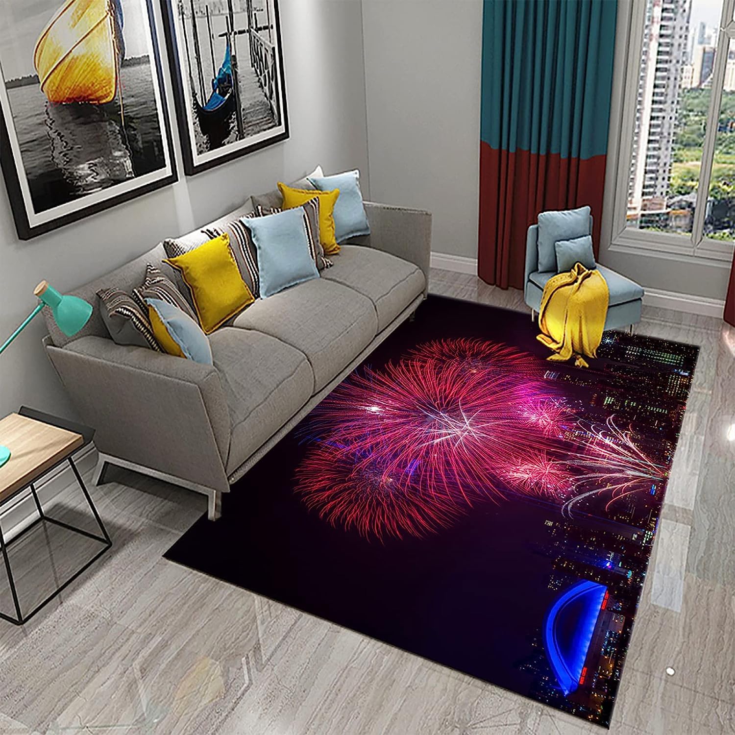 Tappeto Fuochi D'Artificio Della Costruzione Della Città Moderna 3D Tappeto Spesso Antiscivolo, Lavabile In Lavatrice, Tappetino Da Ingresso, Portico, Tappetini, A Casa, Soggiorno, Camera Da Letto, T