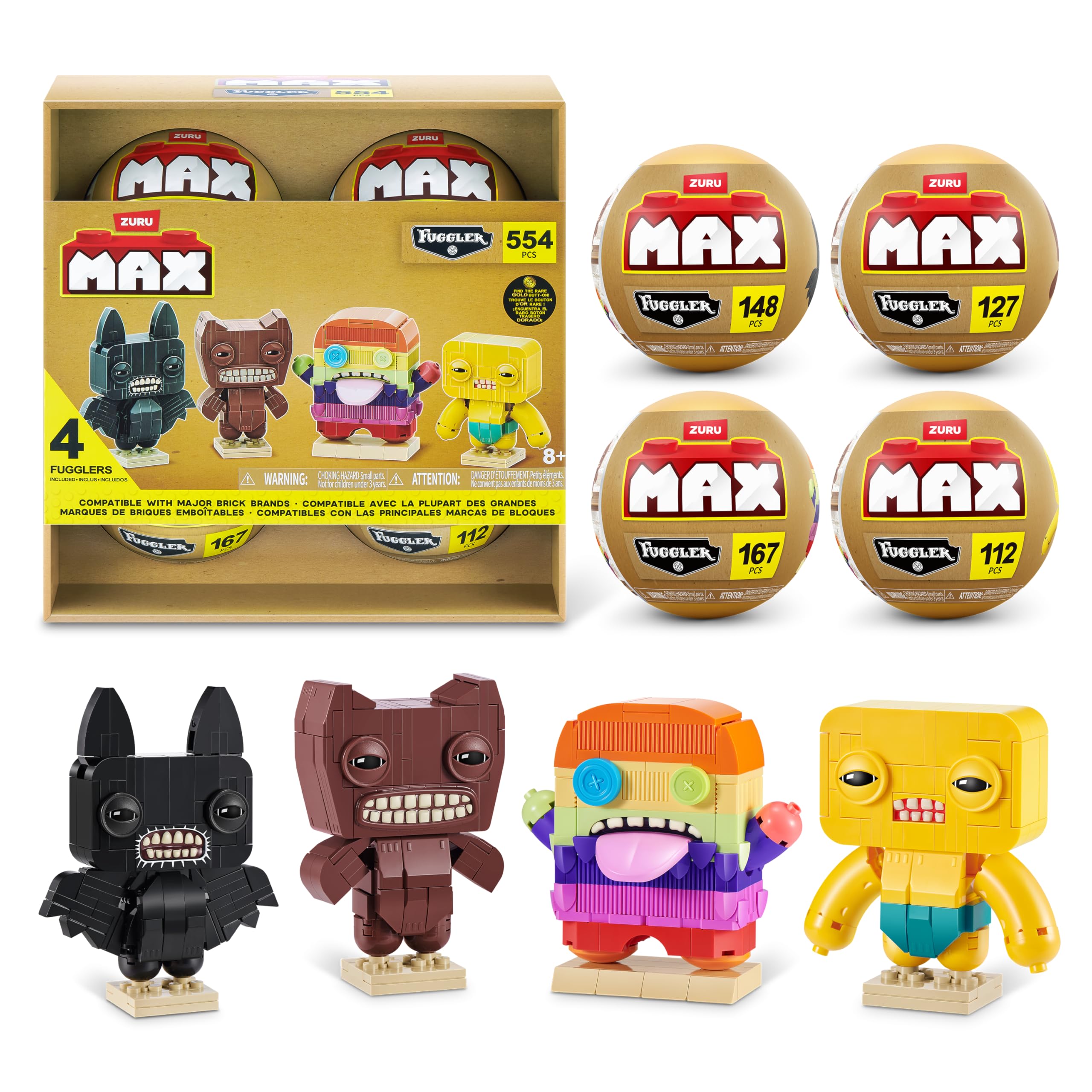 MAX Build More Premium Fuggler Collection 4 Pack by ZURU - Novelty Unboxing Toy & Building Brick Collectible Minis with up to 167 Pieces, Fun Designs to Build & Display, Ages 8+, Kids, Teens & Adults.