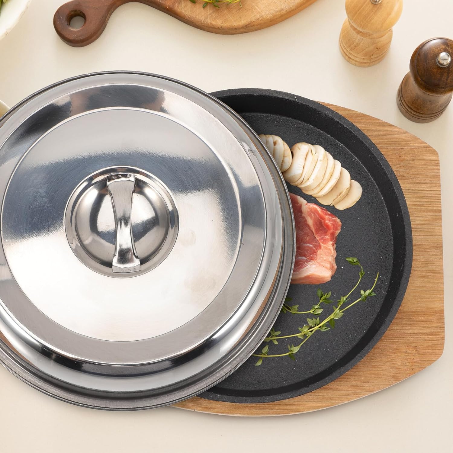 Luxshiny Steak Grilling Pan with Redwood Base 20cm Non-stick Barbecue Serving Tray Reusable Cooking Pan for Restaurant and Home Teppanyaki Cooking